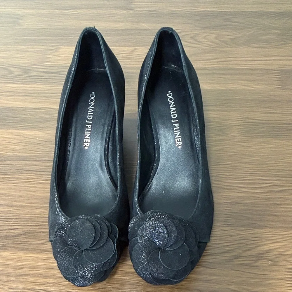 Donald J. Pliner Black Suede‎ Wedge Shoes with Floral Accent